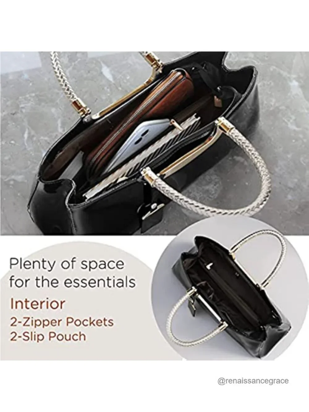 Glossy Faux Patent Leather Tote Satchel Top Handle Structured Shoulder Bag